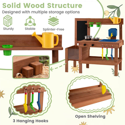 Costzon Mud Kitchen | Solid Wood Toddler Role Play Toy w/Planter Box