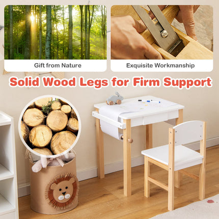 Costzon Kids Table and Chair Set, Kids Art Table with Paper Roll, Wooden Activity Table, Toddler Table and Chair Set