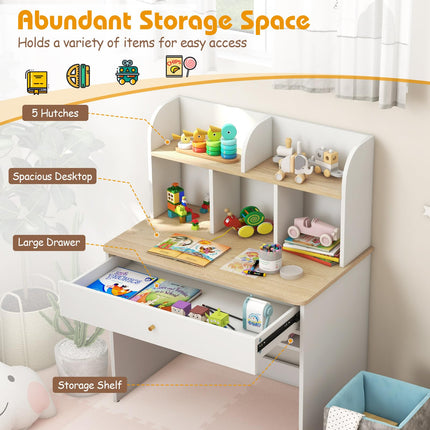 Costzon Kids Desk, Wooden Childrens Study Desk with Hutch, Drawer, Storage Shelf