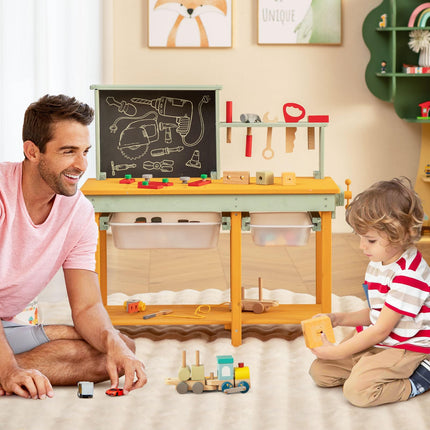 Costzon Tool Bench for Kids, Wooden Pretend Workbench with Toy Tools and Accessories, Realistic Role Play Construction Building Tool Set