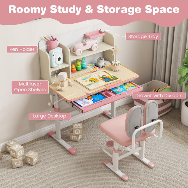 Costzon Kids Desk and Chair Set, Height Adjustable Children School Study Table and Chair Set