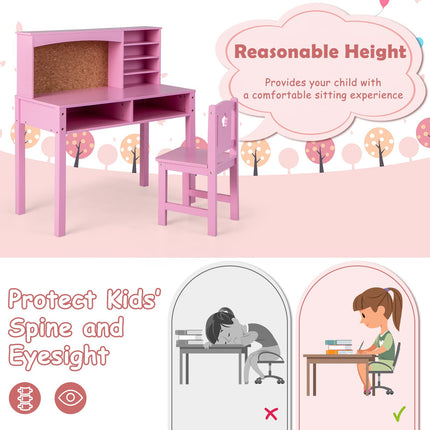 Costzon Kids Desk and Chair Set, Student Study Table with Chair, Hutch, Cork Bulletin Board, Storage Shelves