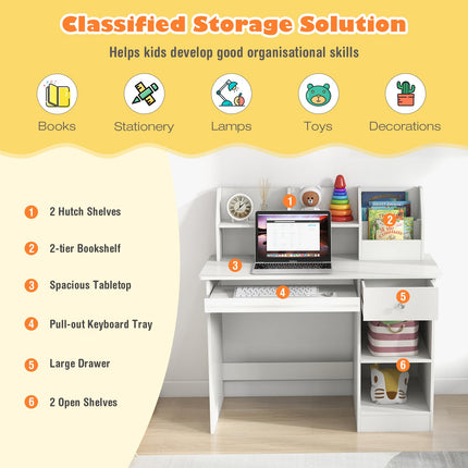 Costzon Kids Study Desk, Wooden Writing Table w/Keyboard Tray, Hutch, Drawer, Storage Shelves