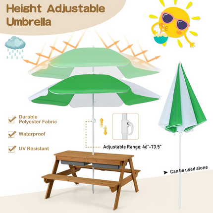 Costzon Kids Picnic Table, 3 in 1 Sand & Water Table w/Height Adjustable Umbrella, Removable Tabletop