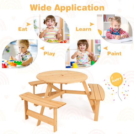 Costzon 6 Person Kids Picnic Table, Fir Wood Round Picnic Table with 3 Built-in Benches