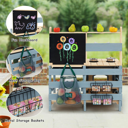 Costzon 2 in 1 Mud Kitchen, Fir Wood Outdoor Play Kitchen & Grocery Store w/Removable Sink