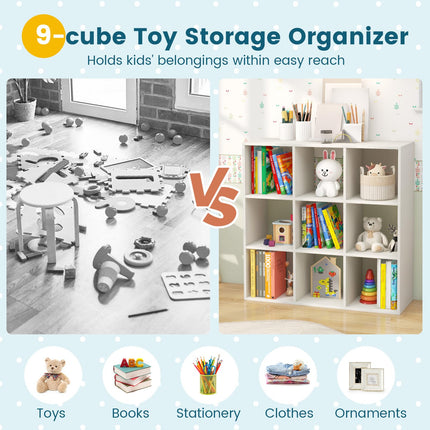 Costzon 9-Cube Toy Storage and Organizer, 4-Tier Wooden Kids Bookshelf, Toy and Book Storage Display Organization, Toddler Shelf