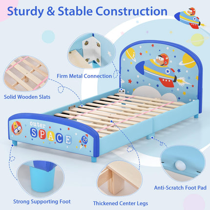 Costzon Twin Bed Frames for Kids, Wood Upholstered Twin Bed Platform with Slat Support, Fits Standard Twin Mattress