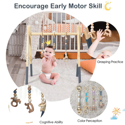 BABY JOY Portable Wooden Baby Gym, Foldable Baby Play Gym Frame, Baby Exercise Activity Gym Hanging Bar