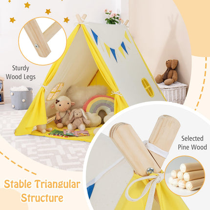 Costzon Teepee Tent for Kids, Pine Wood Frame Triangular Playhouse w/Cute Windows