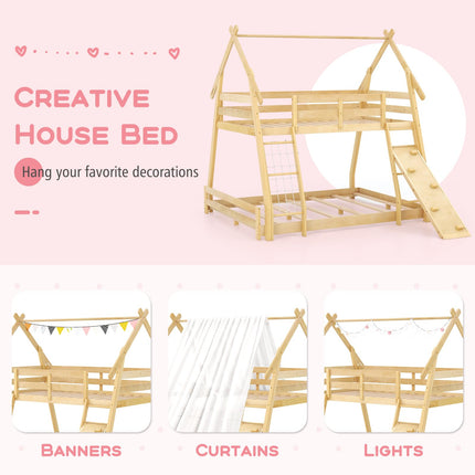 Costzon Twin Over Queen Bunk Bed, House Shaped Bed Frame with Climbing Nets and Ramp