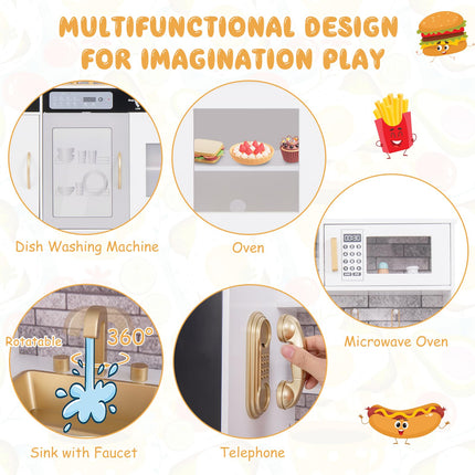Costzon Play Kitchen for Kids, Wooden Toy Kitchen Set with Stoves, Microwave, Blackboard, Water Dispenser, Telephone