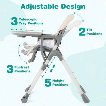 BABY JOY Foldable High Chair for Babies and Toddlers, Portable Adjustable Highchair with Footrest, Detachable Tray