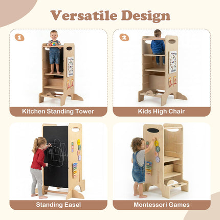 Costzon Wooden Kids Step Stool w/Detachable Chalkboard & Montessori Games