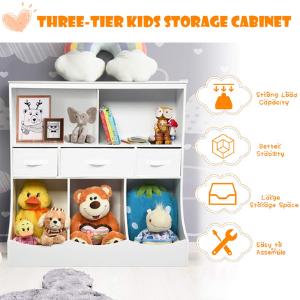 Costzon 3-Tier Kids Bookcase Toddler Storage Organizer Cabinet Shelf w/ 8 Compartment Box and 3 Removable Drawers for Children