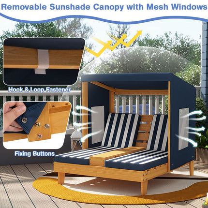 Costzon Kids Lounge Chair Outdoor, Wood Double Seat Chaise Lounge with Canopy