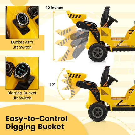 Costzon Ride on Excavator, 12V Battery Powered Bulldozer Digger with Adjustable Digging Bucket, Yellow