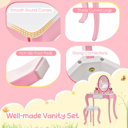 Costzon Kids Vanity, Girls Vanity Set with Mirror and Stool, Drawer, Storage Grids