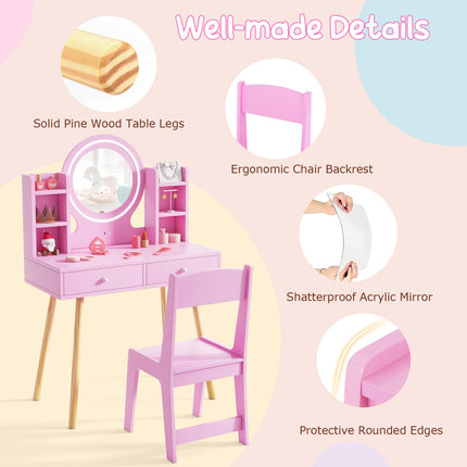 Costzon Kids Vanity, Girls Vanity Set with Mirror and Stool and Lights, Drawers, Storage Shelves