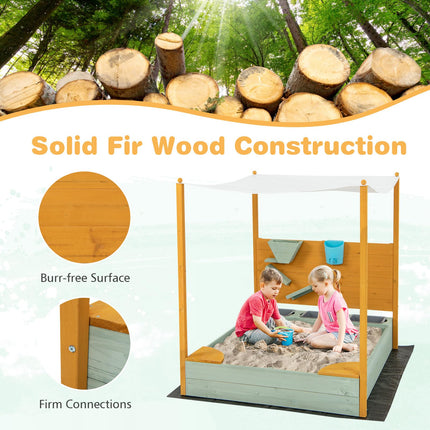 Costzon Kids Sandbox with Sand Wall, Wooden Sandpit w/Removable Canopy, Water Bucket