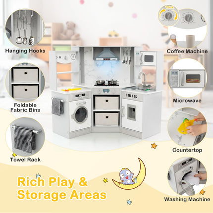 Costzon Kids Corner Kitchen Playset, Wooden Play Kitchen, Little Chef Pretend Cooking Toy for Toddlers 3+