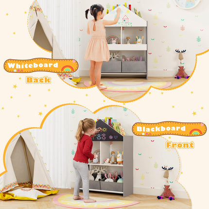 Costzon Kids Bookshelf, Wooden Dollhouse Bookcase with Blackboard, Whiteboard