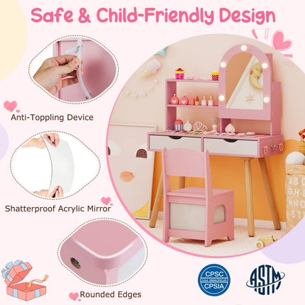 Costzon Kids Vanity with Lights Wooden Kids Vanity Table and Chair Set