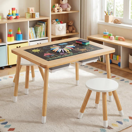 Costzon Wooden Sensory Table and Chairs w/Double-Sided Boards & 2 Foldable Storage Bins
