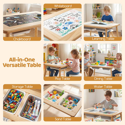 Costzon All-in-One Wooden Kids Activity Table Set w/Double-Sided Boards & 2 Foldable Storage Bins