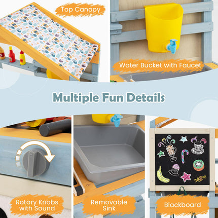 Costzon Mud Kitchen, 3-in-1 Double-Sided Kids Kitchen, BBQ Grill & Grocery Playset with Sink, Faucet