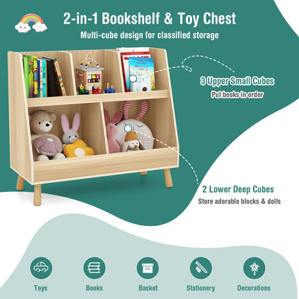 Costzon Toy Organizers and Storage with Bookshelf, 5 Cubbies Wooden Toy Cabinet and Montessori Bookcase with Solid Legs