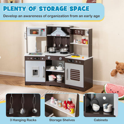 Costzon Corner Kids Kitchen Playset, Wooden Toy Kitchen Set with Range Hood