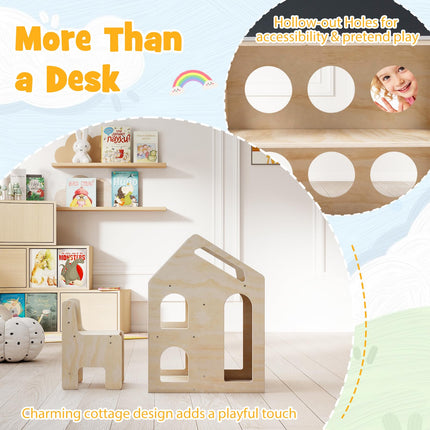 Costzon Kids Table and Chair House-Shaped Wooden Art Desk Set