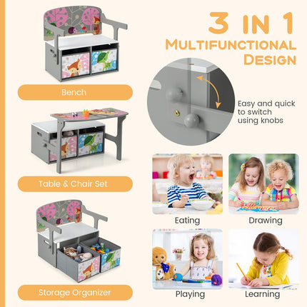 Costzon Kids Table and Chair Set, Convertible Toy Storage Bench with 2 Removable Fabric Bins