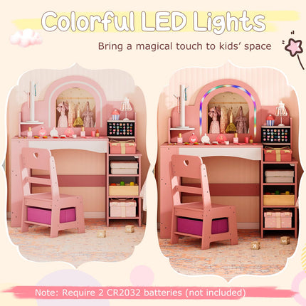 Costzon Wooden Kids Vanity Table and Chair Set with Lighted Mirror Bookshelf Jewelry Storage