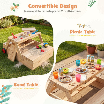 Costzon 3-in-1 Sandbox with Lid Wooden Sand Pit Foldable Picnic Sensory Table