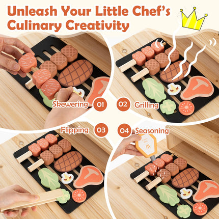 Costzon Kids Grill Playset, Wooden Kids BBQ Grill Playset with Play Food（With Shelf）