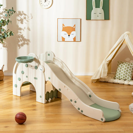 BABY JOY Toddler Slide, Elephant Shape Large Slide for Kids with Basketball Hoop, Buffer Zone & Non-Slip Steps