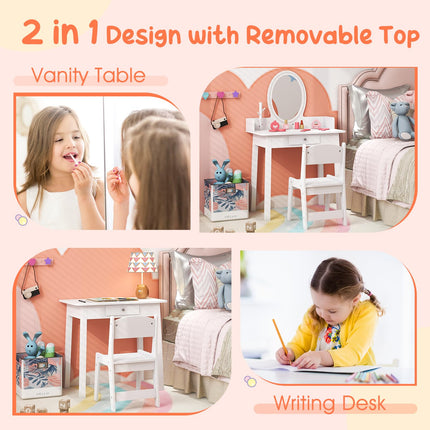 Costzon Kids Vanity, Girls Vanity Set with Mirror and Stool and Lights, 2 in 1 Wooden Princess Makeup Desk Dressing Table