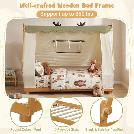 Costzon Twin Bed Frames for Kids Wooden House Antlers-Shaped Floor Bed w/Tent