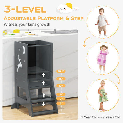 Costzon Toddler Tower, Wooden Kids Kitchen Stool Helper with Height Adjustable Platform, Safety Rail