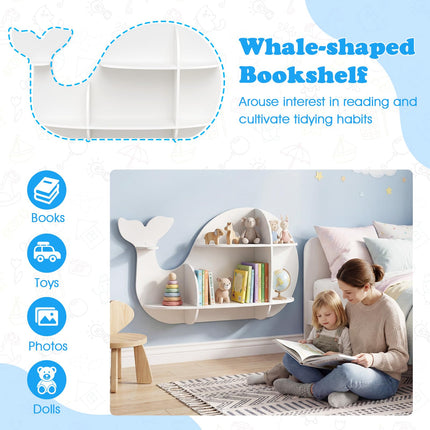 Costzon Wooden Whale-Shaped Wall Shelf | Floating Bookshelf with 6 Open Shelves