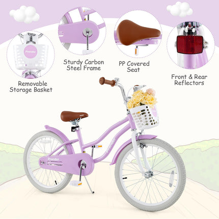 BABY JOY Kids Bike, 20 Inch Boys Girls Bike w/Adjustable Seat, Removable Basket, Handbrake & Coaster Brake, Kickstand