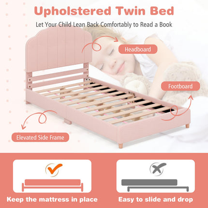 Costzon Twin Bed Frames with Adjustable Headboard, Upholstered Wooden Kids Bed w/Slats Support (Pink Shell)