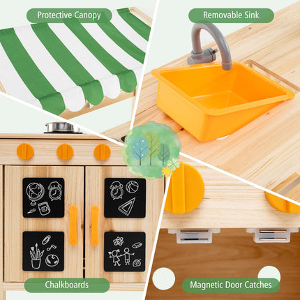 Costzon Mud Kitchen with Canopy, Fir Wood Kids Kitchen Playset with 4 Stoves, Outdoor Play Kitchen for Kids Toddlers, Gift for Boys Girls Ages 3+