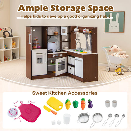 Costzon Kids Corner Kitchen Playset, Toddler Pretend Toy Kitchen w/Sink & Faucet, Water Circulation System