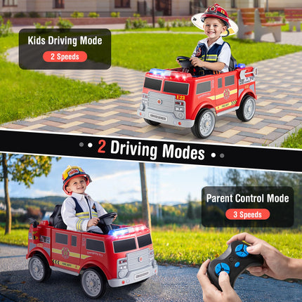 Costzon Kids Ride on Fire Truck, 12V Battery Powered Fire Car w/Remote Control, Extinguisher