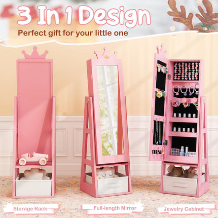 Costzon Kids Vanity & Jewelry Armoire Cabinet, Pretend Play Wooden Kids Vanity Table and Chair Set