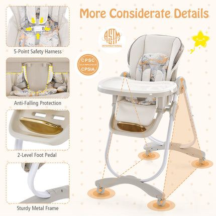 BABY JOY High Chair, Foldable Baby High Chair with Adjustable Height, Portable High Chair with Wheels