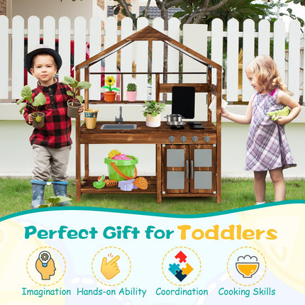 Costzon Mud Kitchen, Outdoor Play Kitchen with Canopy, Wooden Kids Kitchen Playset, Mud Kitchen for Kids Outdoor